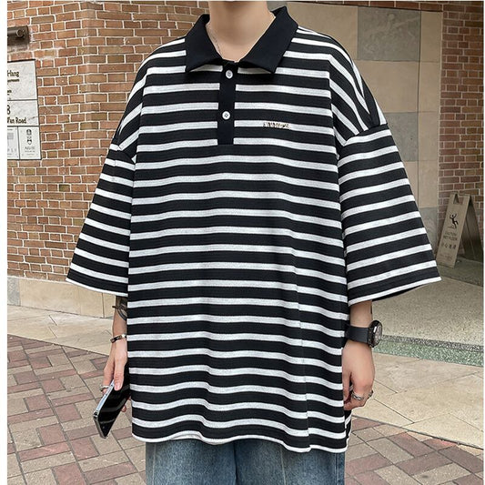 [BIGEMAN Series]★Polo shirt★ Tops 2color Unisex Men's Large size Striped pattern Horizontal stripes