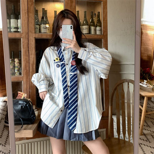 [Koshinke Series]★Shirt★ 2color Tops Vertical stripes Striped pattern Black Blue Light brown Loose Cute