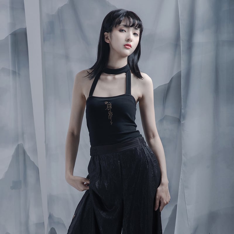 [Kyodo Series]★China style camisole★ Sexy embroidered knit tops Black Black SML Easy to match