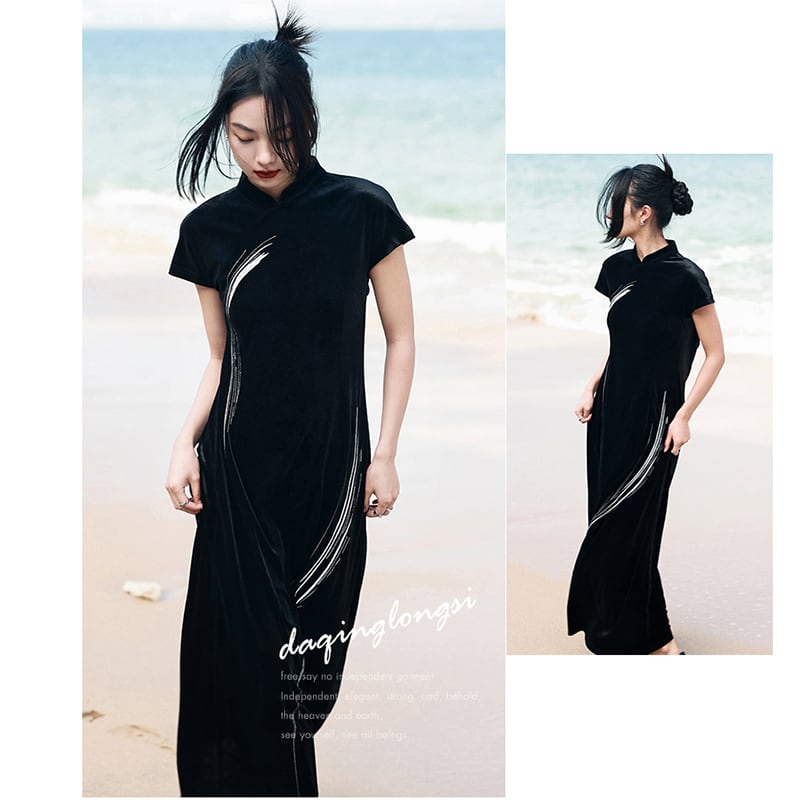 [Da Qinglong Shu Series] ★China style dress★ Improved cheongsam dress, velvet, improves temperament, long length, black