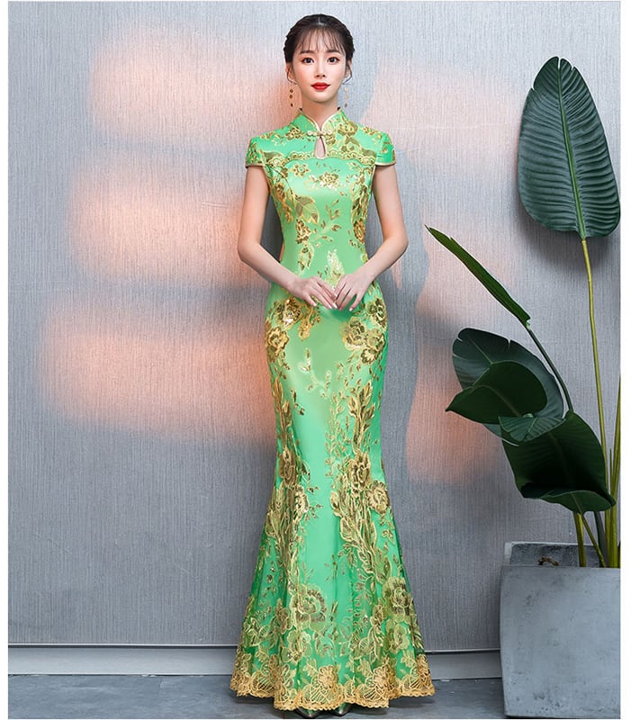 [ELEGANT] Chinese dress, mermaid line dress, slimming and attractive figure, excellent slimming effect, green, green, large size, short sleeves, long length