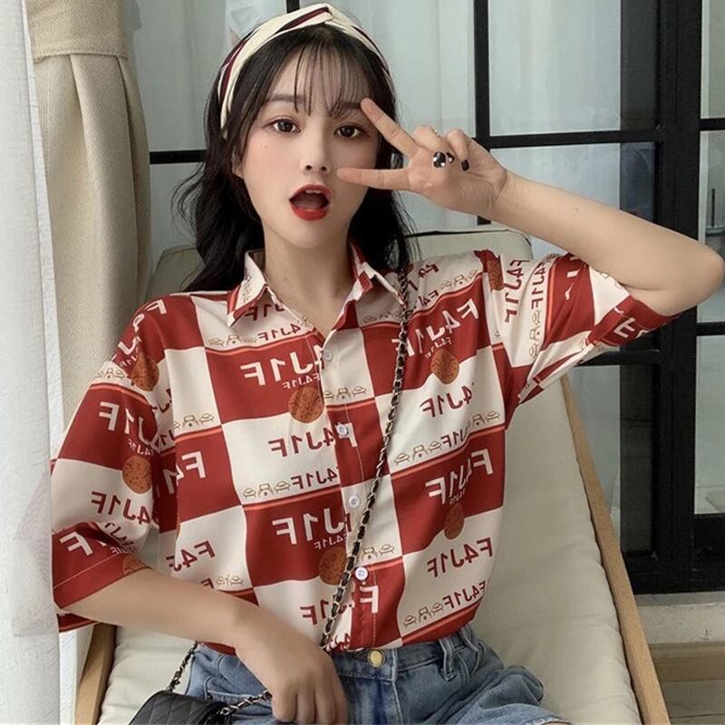 [YOUZI Series]★Retro Shirt★ Short Sleeve Shirt Tops Print Retro SML XL Thin Red Red Cute