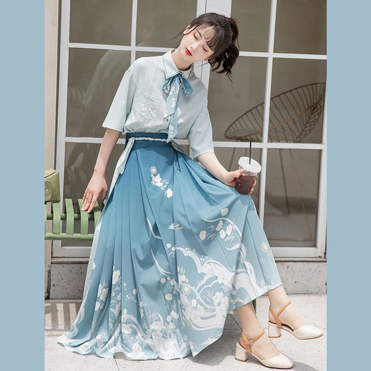 [Ikeka Series] ★Chinese-style setup★ Shirt + wrap skirt + ribbon Improved Hanfu Crane Blue Everyday Date Fireworks Festival