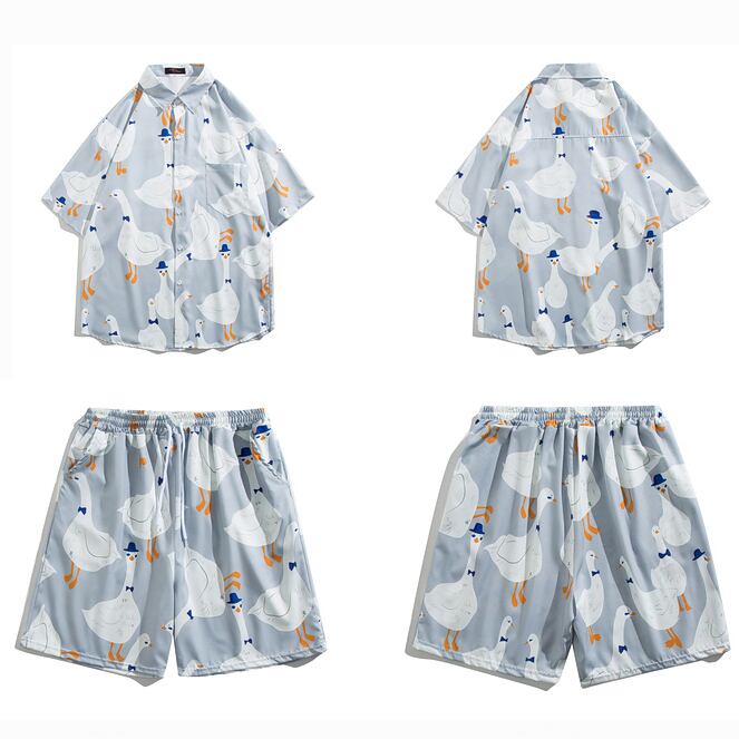 [BOYUE Series]★Setup★ Shirt + Shorts 3color Simple Unisex Men's Large Size Cool Animal Pattern Duck Aloha