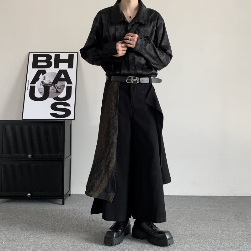 [Illustrated series]★China style trousers★ Gaucho pants, irregular, unisex, men's, nine-quarter length, black, black switching