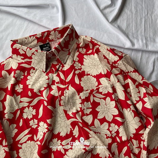 [STRAPPING Series]★Shirt★ Tops Unisex Men's Red Red Floral Pattern Shirt Long Sleeve Shirt Thin