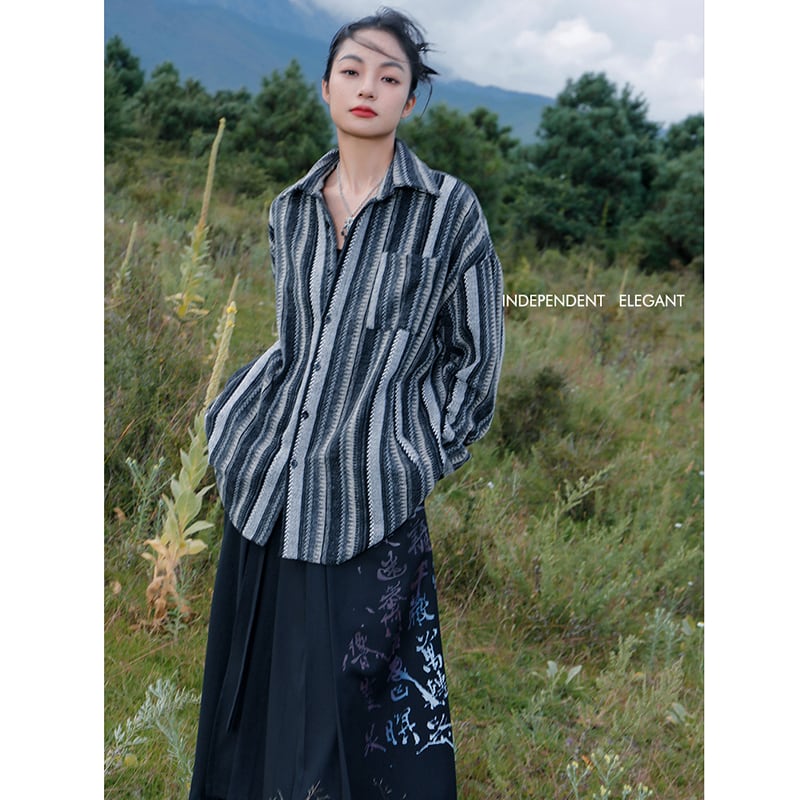 [Big Blue Dragon Series]★China style tops★ Shirt Vertical striped gray retro thick casual loose fitting