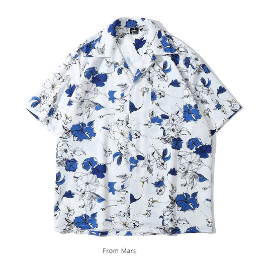 [From Mars Series]★Retro Shirt★ Unisex Floral Pattern Men's Short Sleeve Tops Summer Beach Travel Date White White