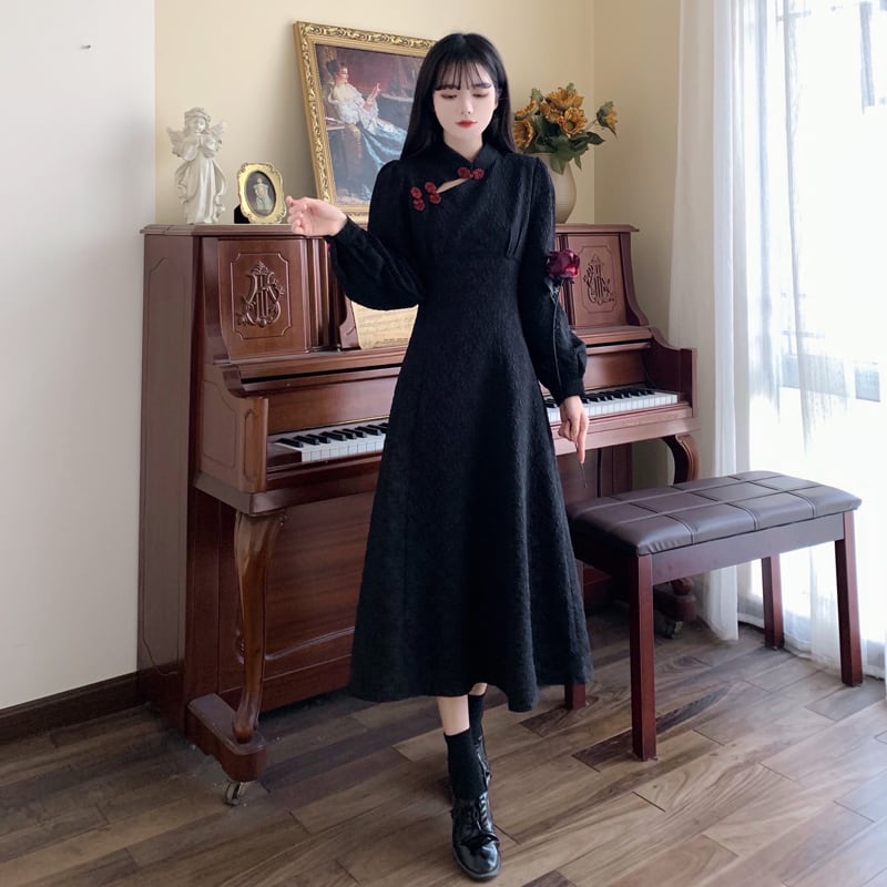 [Dong Xiaojie Series] ★Chinese style dress★ Large size Chinese dress Black Black improved cheongsam dress Long length Slim