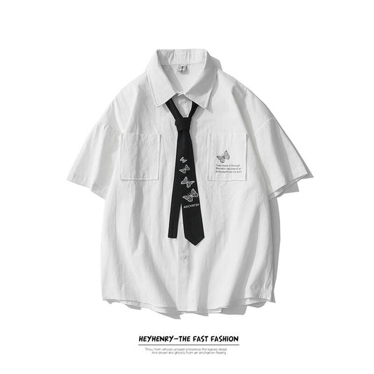 [SEVENSUP Series]★Shirt with tie★ 2color tops short sleeve shirt unisex men's butterfly blue white