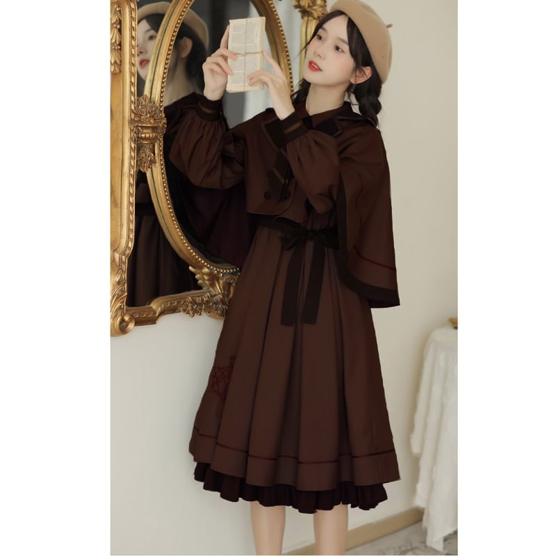 [Shokensho Series]★Setup★ 2-piece set JK style dress + cloak date retro SML XL cute