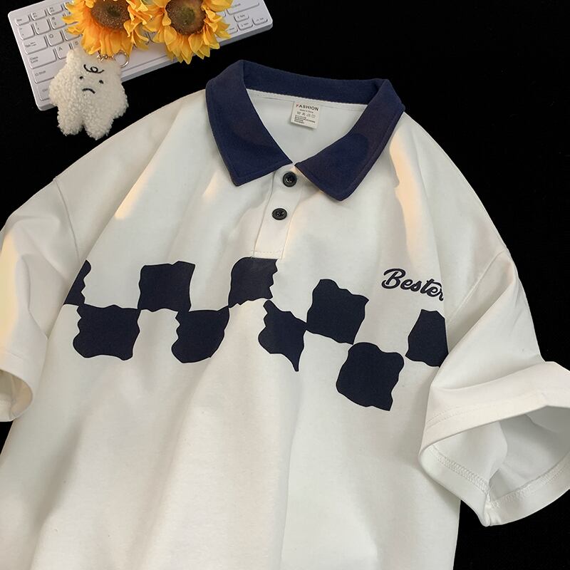 [OULUDE Series]★POLO Shirt★ Tops 3color Plaid Pattern Unisex Men's ML XL 2XL White Black Coffee Color