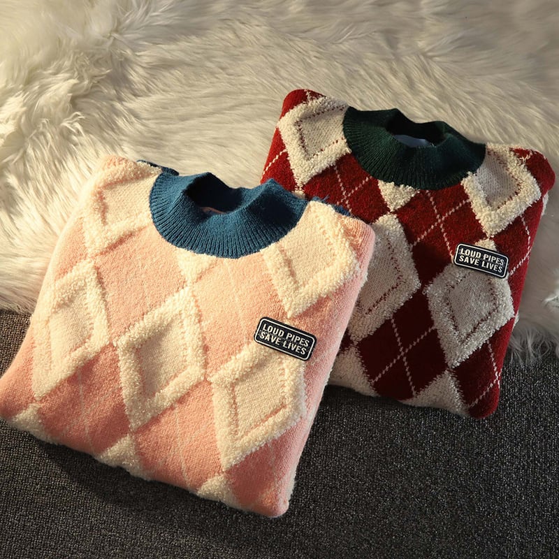 [NANSHIYUN Series] ★Sweater★ 2color Tops Christmas Plaid Diamond Shape Cute New Year Date Red Pink