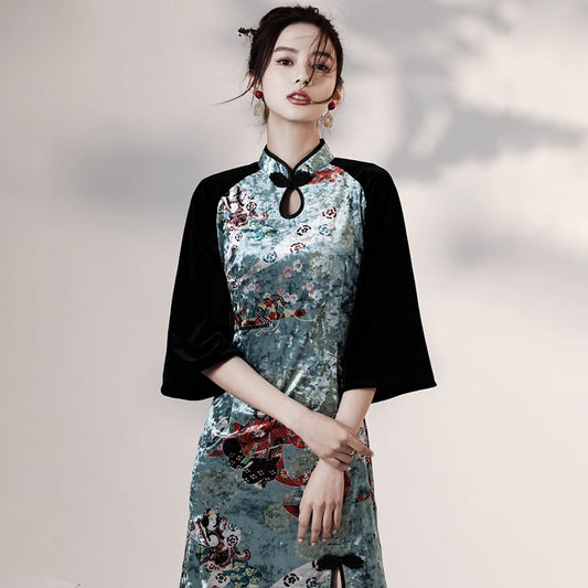 [YUEQIAO Series]★Cheongsam dress★Short length velvet Chinese style dress print retro