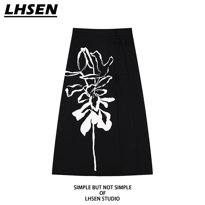 [LHSEN Series]★China style skirt★Bottoms Window skirt Easy to match Black Floral pattern