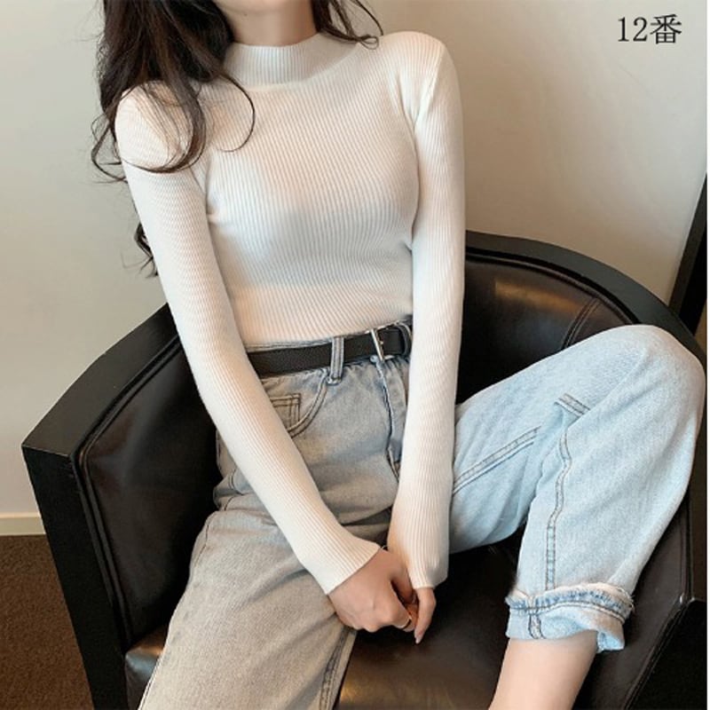 ★Knit tops★ 10 color selection Easy to match Slimming Easy to match Blue Black Red Pink Green Gray White Cheap