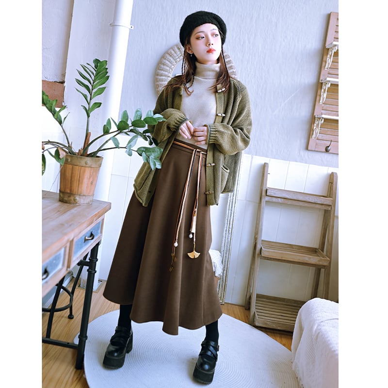 [Old Monster---Rachikuri Series] ★China style skirt★ Bottoms Lasha plain thick autumn/winter clothes brown