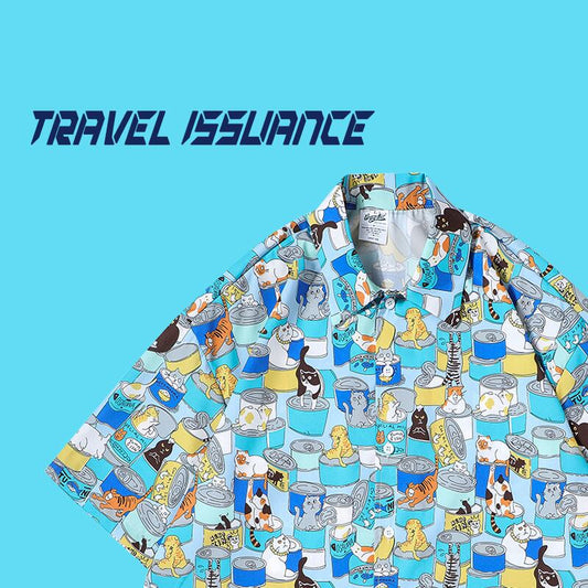 【TRAVEL ISSUANCEシリーズ】★シャツ★ 2color 青or赤 ネコ 猫 ねこ 猫模様 プリント 男女兼用 メンズ 海辺 旅行 撮影