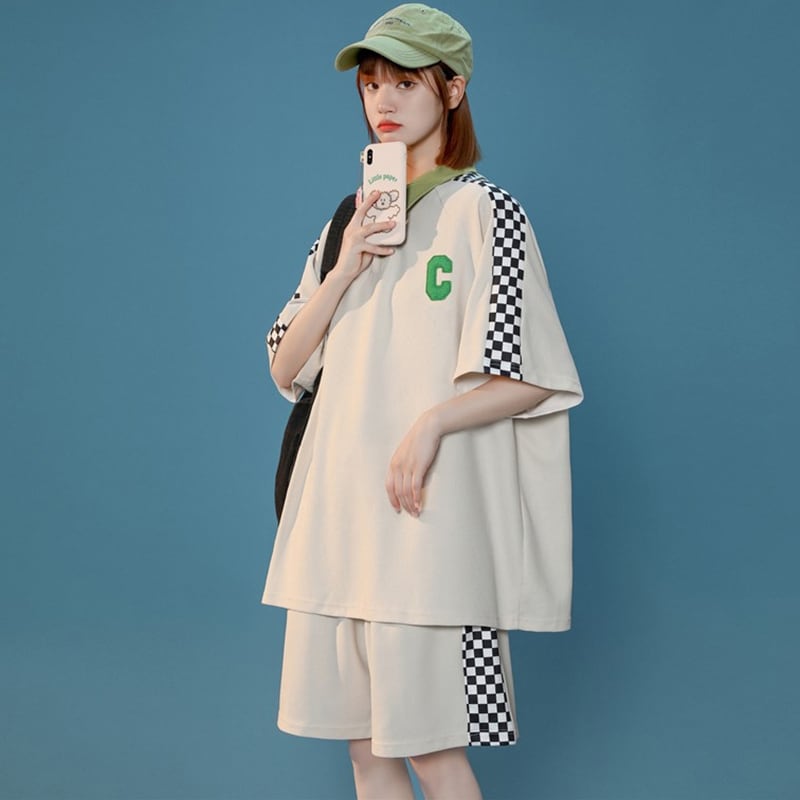 [CHAOMEICHEN Series]★Setup★ 2color POLO neck + shorts summer clothes unisex men's plaid pattern