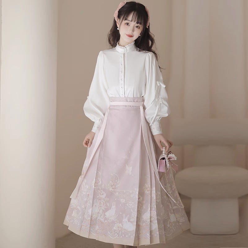 [Kaede bamboo---Hanako rabbit series] ★China style setup★ 2-piece set, long sleeve shirt + windshield skirt, coming-of-age ceremony, everyday wear, white, pink