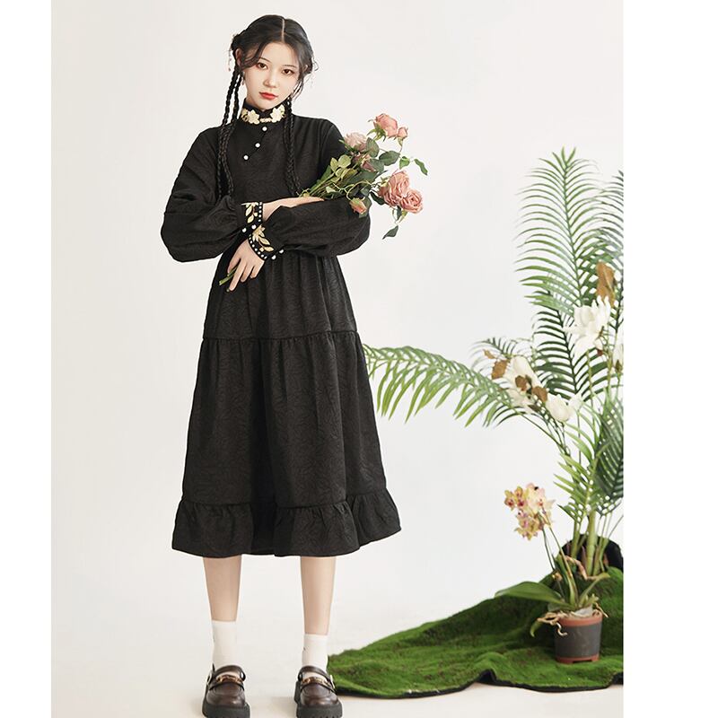 [Three---Kinsui Series]★China style dress★2color embroidery long sleeve dress everyday wear cute black white