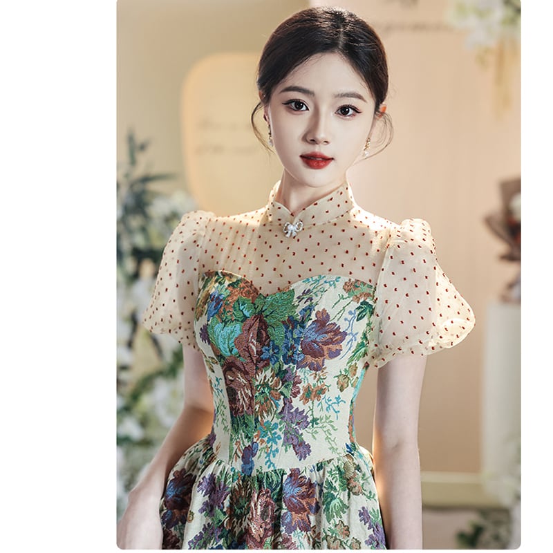 [WEIXIU Series] ★Party Dress★ One Piece Switching Floral Pattern Dot Pattern Short Length Cute Wedding