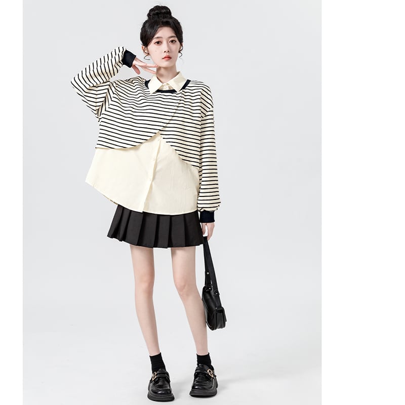 [WEIWU Series] ★Tops★ Fake layered horizontal stripes striped pattern POLO neck fashion SML