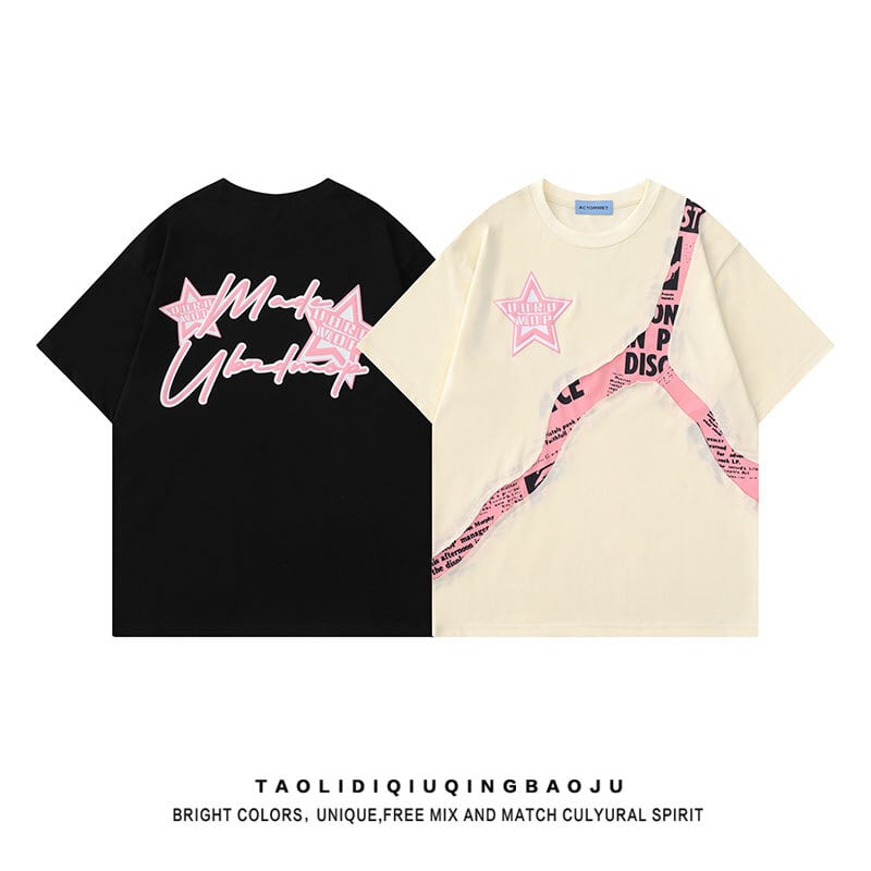 [Fleeing Earth Series] ★T-shirt★ 3color Tops Short Sleeve Shirt Unisex Men's Star Apricot Black White