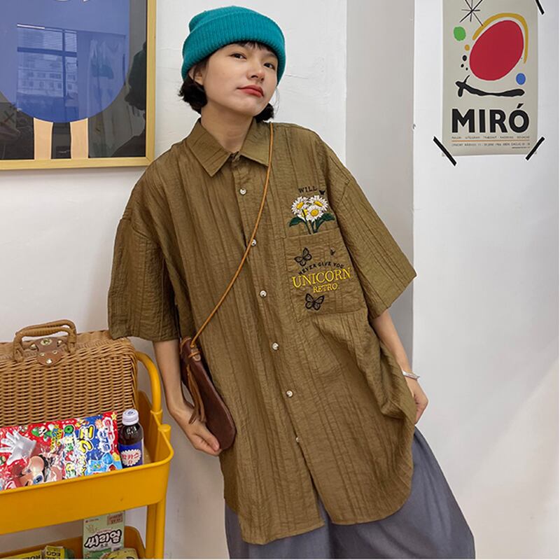 [PMFIVEE Series]★Shirt★ 2color Embroidery Tops Unisex Men's ML XL Retro Unique Brown Black