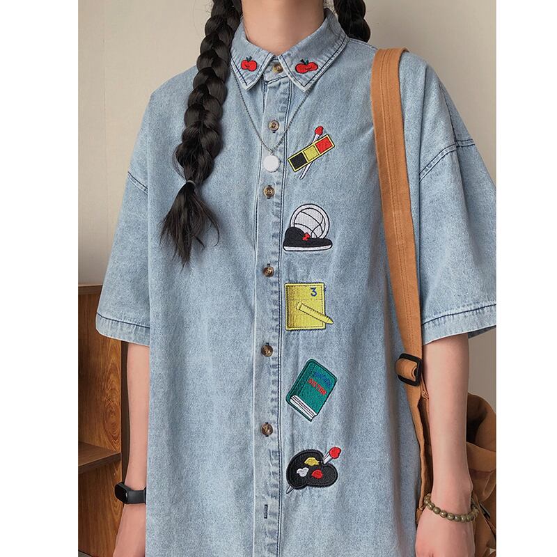 [KKTLL Series]★Shirt★ Embroidered shirt, short sleeve shirt, tops, unisex, men's ML XL denim shirt, cartoon