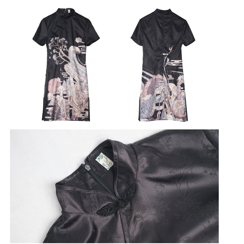 [Kyoto Series] ★China style dress★ 2color black or white cheongsam dress slim retro print large size