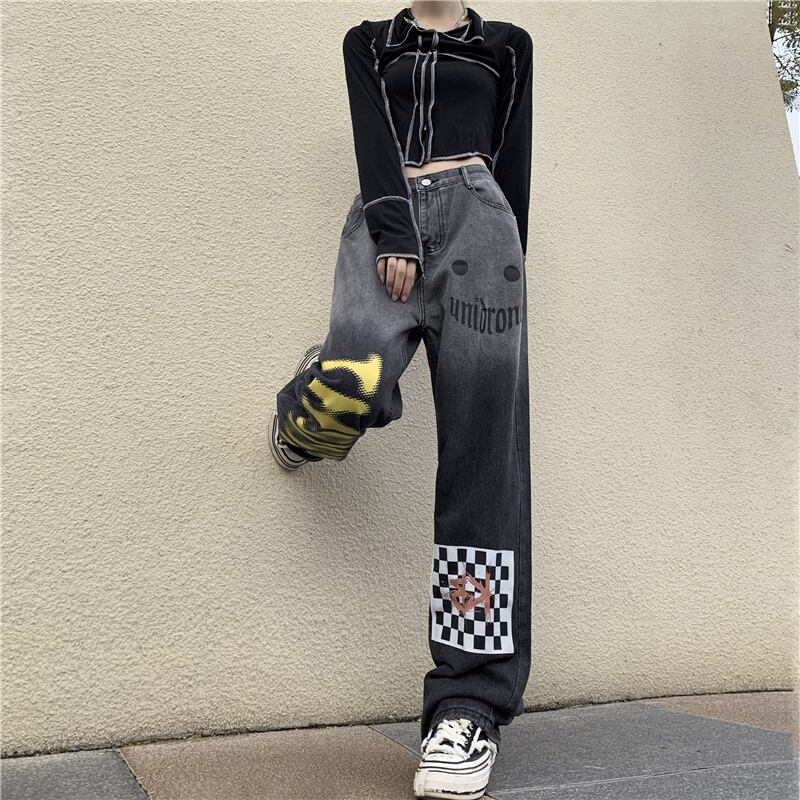 [CHAOHUO series] ★Denim pants★ Bottoms Unisex Check pattern Gray Gray Fashion S M L XL