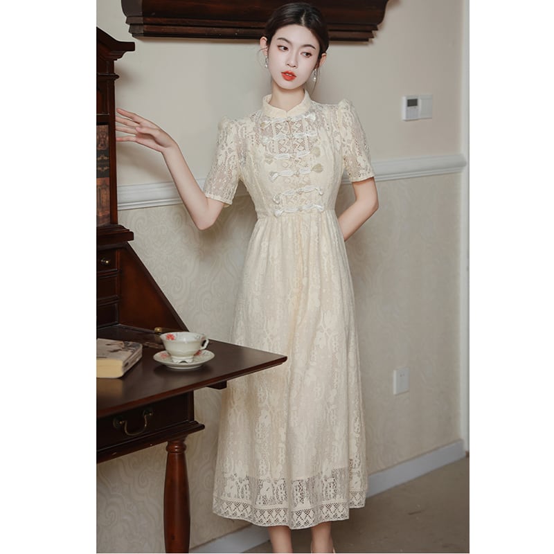 [BAIRIMENG Series]★China style dress★ Lace dress Improved Chinese dress Summer clothes Beige