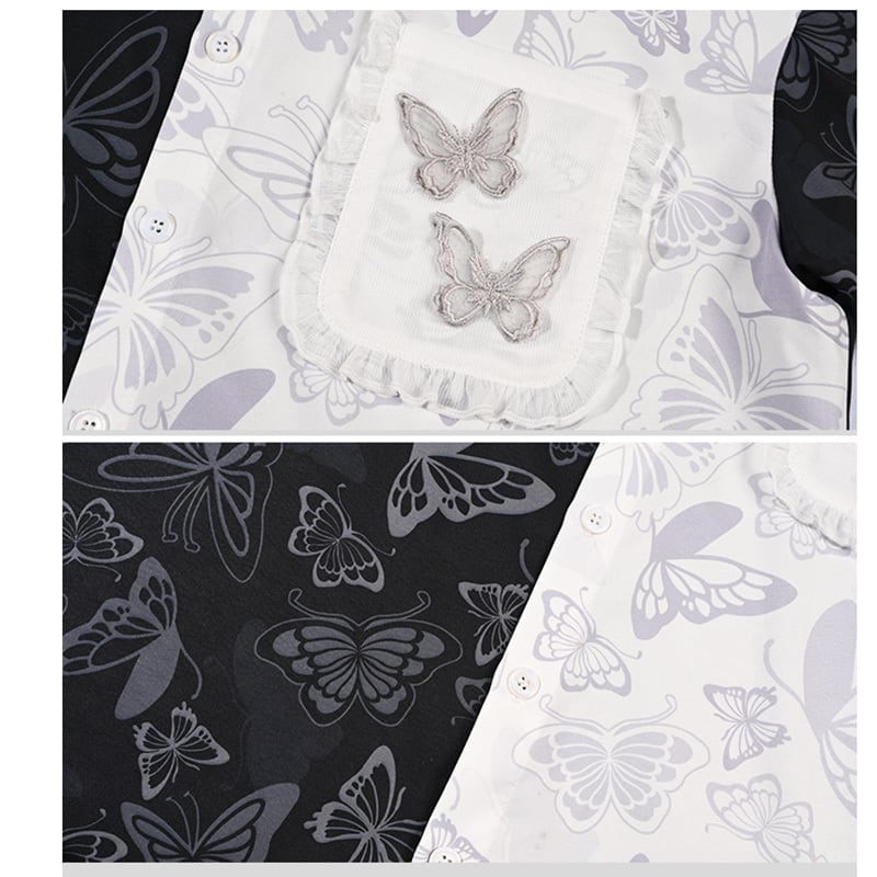 [Ancient monster house --- Butterfly series]★China style shirt★ Tops short sleeve shirt black black butterfly print color scheme