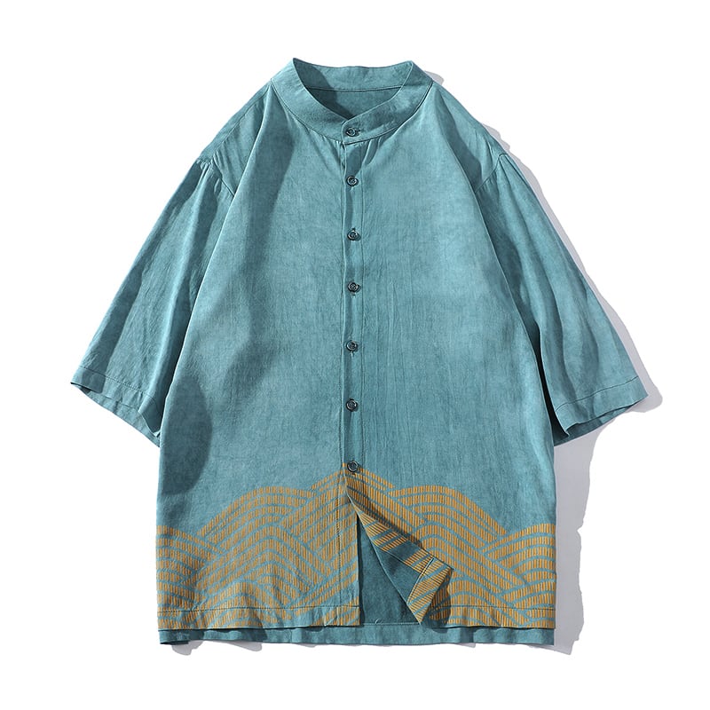 [Blue Qiu Fish Series]★China style shirt★ Large size tops, men's, unisex, summer, old-fashioned, improved Tang suit, blue, blue