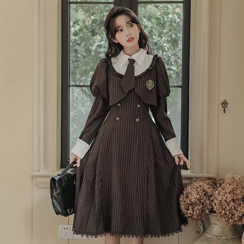 [DACHENGZI Series] ★Dress with tie★ Faux layered dress Vertical striped striped pattern Cute