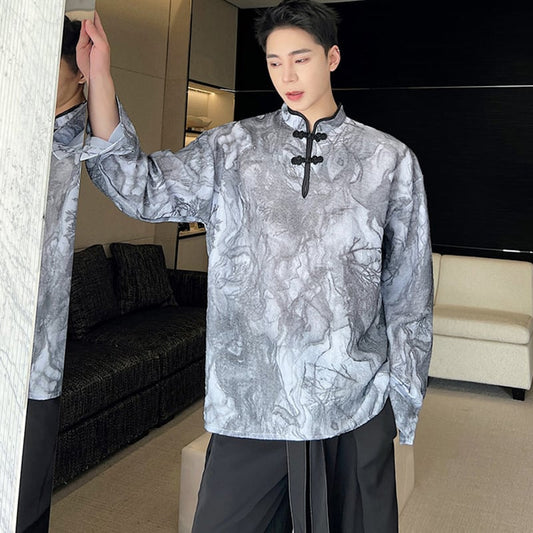 [Illustrated Series]★China Style Shirt★ Tops Unisex Men's Ink Pattern Print Retro China Button Spring Clothes