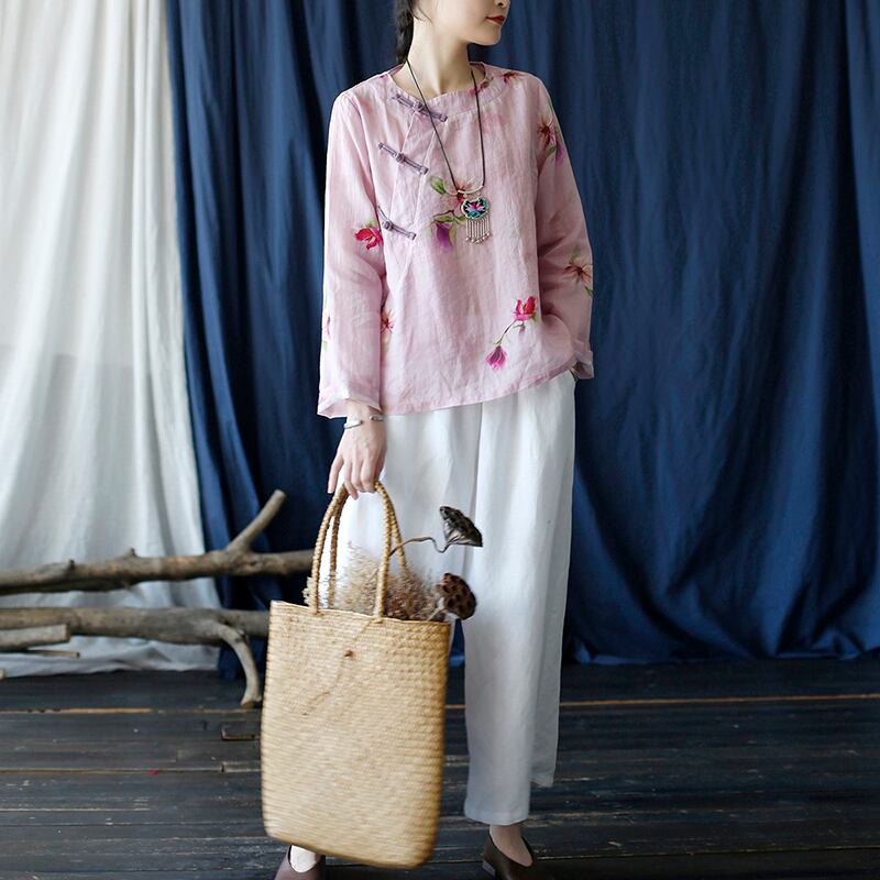 [Light ink series] ★China style tops★ Shirt Improved temperament Improved Tang suit Thin floral pattern Pink China button