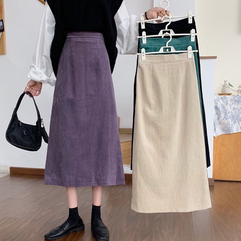 [Left Little Sister Arrival Series] ★Long length skirt★All 4 colors corduroy fabric Plain A-line Beautiful line High waist