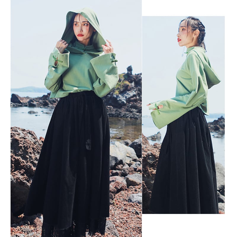 [Daiseiryusu Series]★China style hoodie★ Tops 2 colors, short length, Chinese buttons, hooded, green black