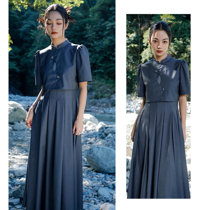 [Big Blue Dragon Series] ★China style dress★ Faux layered stand neck gray gray slimming wear