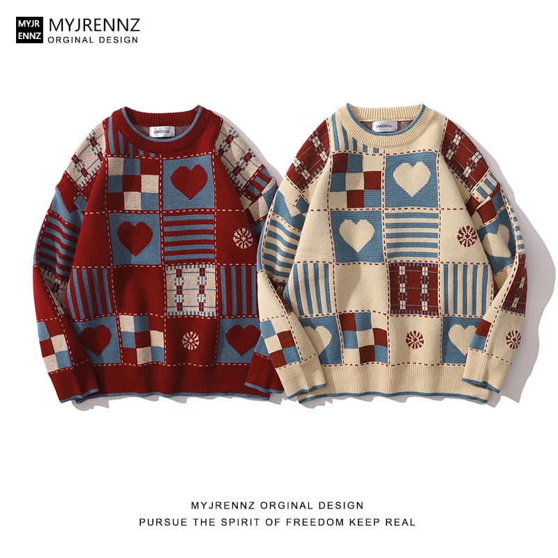 [MYJRENNZ Series] ★Sweater★ 2color Tops Christmas Unisex Men's Hat Plaid Pattern