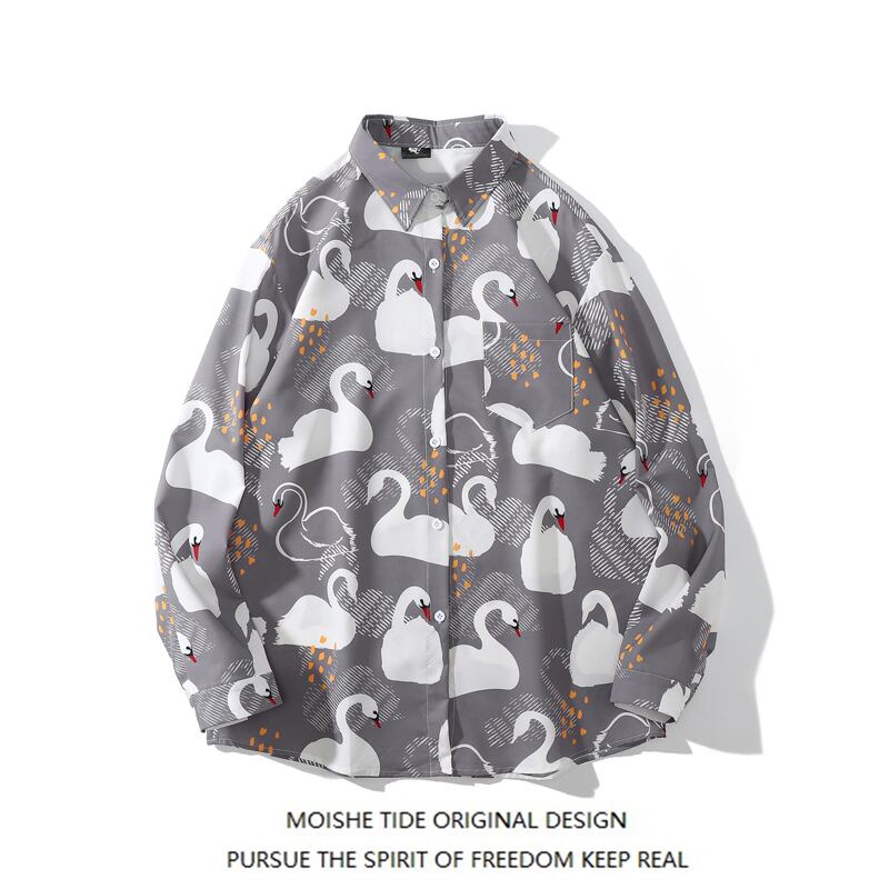 [MOISHE TIDE Series]★Shirt★ 2color Tops Floral Print Cartoon Long Sleeve Shirt Unisex Men's Blue Gray