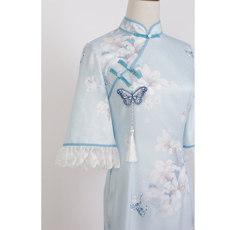 [Dust Smoke Cloud Dream --- Unlan Jade Nishiki Series]★China-style dress★Cheongsam dress, Chinese clothes, short sleeves, long length, butterfly ornament included