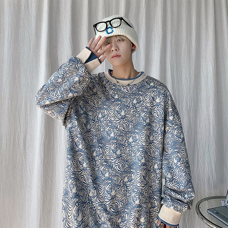 [Tiaota Series] ★Fleece-lined tops★ 2color Blue or Black Unisex Print Floral Pattern Faux Layered