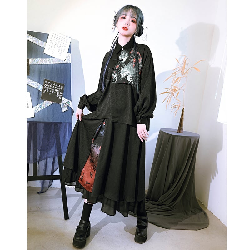 [Ancient monster house ---biting pattern series] ★China style shirt★ Switching print switching Black Black Harajuku style