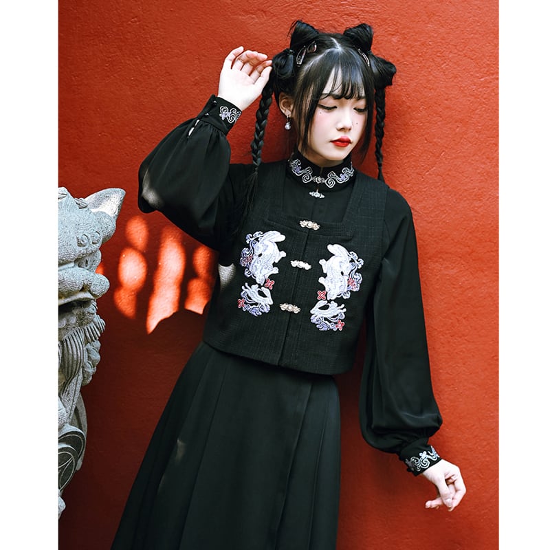 [Old Monster---Rabbit Series] ★China style tops★ Best Original Rabbit Embroidery Black Black Easy to match