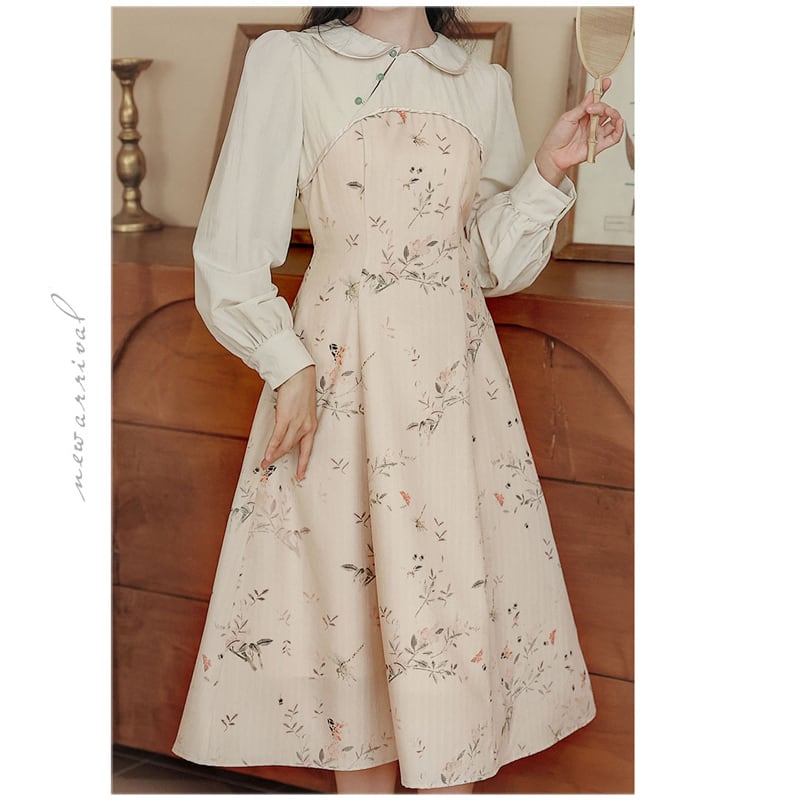 [Encounter series] ★China style dress★ Improved cheongsam dress, floral pattern, date, ethnic style, improves temperament SML