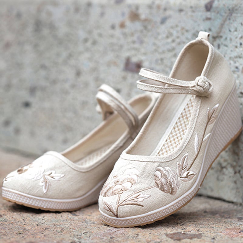 [JINGCHENG series] ★China style shoes★ Shoes 3color embroidery High heels 6.5cm Size 35-40 Tang clothing, cotton linen