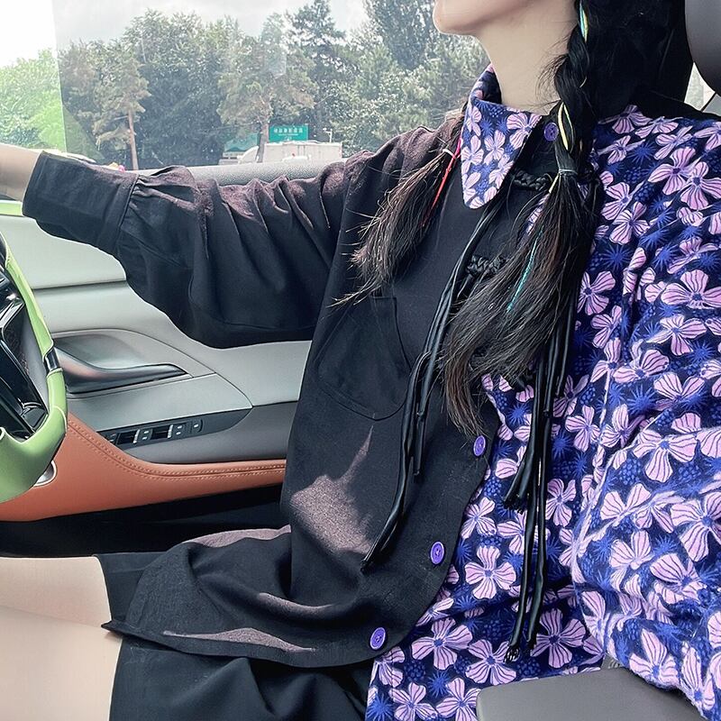 [Li Muyi Series]★China Style Shirt★ Tops Long Sleeve Shirt Switching Floral Pattern Black Black Purple Original